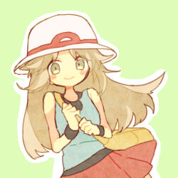 Rule 34 | 1girl, bag, black wristband, blue shirt, blush stickers, brown eyes, brown hair, commentary, creatures (company), game freak, green background, hands up, happy, hat, leaf (pokemon), long hair, looking at viewer, mgomurainu, nintendo, outline, parted bangs, pokemon, pokemon frlg, red skirt, shirt, shoulder bag, sidelocks, simple background, skirt, sleeveless, sleeveless shirt, smile, solo, sun hat, upper body, white hat, white outline, yellow bag