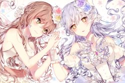 Rule 34 | 2girls, bang dream!, blue flower, blush, braid, brooch, brown hair, clothing cutout, commentary request, dress, earrings, flower, green eyes, hair flower, hair ornament, highres, holding hands, imai lisa, jewelry, long hair, looking at another, minato yukina, multiple girls, necklace, open mouth, pearl necklace, purple flower, red flower, short sleeves, shoulder cutout, silver hair, sleeveless, smile, taya oco, upper body, white flower, wrist cuffs, yellow eyes, yellow flower, yuri
