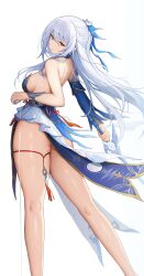 Rule 34 | 1girl, absurdres, ass, back, bare shoulders, blue hair, breasts, from behind, hair between eyes, highres, holding, holding sword, holding weapon, honkai: star rail, honkai (series), jingliu (honkai: star rail), kiriko (araragikoyomi), large breasts, long hair, medium breasts, orange eyes, ponytail, sideboob, simple background, solo, sword, thick thighs, thigh strap, thighs, weapon, white background