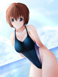 Rule 34 | blue eyes, breasts, brown hair, competition swimsuit, dutch angle, large breasts, nannacy7, one-piece swimsuit, short hair, solo, swimsuit
