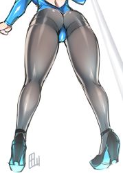 Rule 34 | 1girl, alternate costume, ass, back, black footwear, black pantyhose, blue leotard, cameltoe, from behind, from below, head out of frame, high heels, highres, izayoi sakuya, kneepits, legs, leotard, long legs, lower body, pantyhose, pole, pov, shiny clothes, shoes, signature, simple background, sketch, solo, stripper pole, tajima yuuki, thighband pantyhose, thighs, thong, touhou, view between legs, white background
