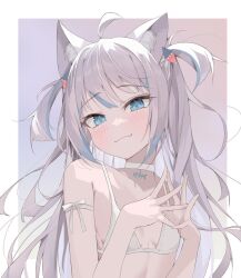 Rule 34 | 1girl, animal ear fluff, animal ears, bikini, blue eyes, blue hair, blush, bra, breasts, cat ears, cat girl, choker, cine9447, fang, gawr gura, hololive, hololive english, long hair, looking at viewer, multicolored hair, own hands together, small breasts, smile, solo, speech bubble, spoken letter, streaked hair, swimsuit, underwear, upper body, virtual youtuber, white bikini, white choker, white hair