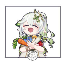 Rule 34 | 1girl, :d, ^ ^, apple, bracelet, carrot, carrying, closed eyes, commentary, detached sleeves, english commentary, flower, food, fruit, genshin impact, gradient hair, grey hair, hair between eyes, hair ornament, jewelry, long hair, looking at viewer, masollyn, multicolored hair, mushroom, nahida (genshin impact), open mouth, pointy ears, radish, short sleeves, side ponytail, sidelocks, simple background, smile, solo, white background