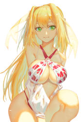Rule 34 | 1girl, absurdres, ahoge, bare shoulders, between legs, bikini, blonde hair, breasts, closed mouth, clothing cutout, criss-cross halter, dress, eyelashes, fate/grand order, fate (series), gown, green eyes, hair between eyes, hair intakes, hair ribbon, halterneck, hand between legs, highres, knee up, kyunotobi, large breasts, long hair, looking at viewer, nero claudius (fate), nero claudius (fate) (all), nero claudius (swimsuit caster) (fate), nero claudius (swimsuit caster) (third ascension) (fate), ribbon, see-through, shoulder cutout, simple background, smile, solo, striped bikini, striped clothes, swimsuit, twintails, white background
