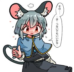 Rule 34 | amulet, animal ears, black jacket, black skirt, blue capelet, blush, capelet, check translation, crystal, dot nose, embarrassed, flying sweatdrops, grey hair, grey shirt, hair between eyes, hatching, hatching (texture), heart, jacket, kasuya baian, linear hatching, long skirt, long sleeves, looking down, medium hair, mouse ears, mouse girl, mouse tail, nazrin, open mouth, puffy long sleeves, puffy sleeves, red eyes, shirt, simple background, skirt, speech bubble, striped, striped capelet, sweatdrop, tail, touhou, translation request