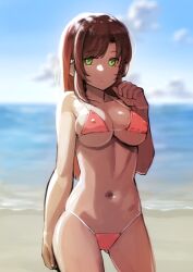 Rule 34 | 1girl, arm at side, bare arms, beach, bikini, blurry, blurry background, breasts, brown hair, cleavage, clenched hand, closed mouth, cloud, collarbone, covered erect nipples, cowboy shot, day, expressionless, gluteal fold, green eyes, hand up, highres, large breasts, long hair, looking to the side, micro bikini, navel, ocean, original, osanadaisuke, outdoors, parted bangs, red bikini, sidelighting, skindentation, sky, solo, standing, string bikini, sunlight, swept bangs, swimsuit, underboob