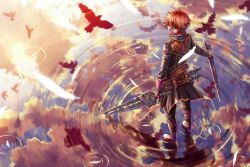 Rule 34 | 1boy, anime coloring, bird, boots, brown hair, cloud, fantasy, feathers, highres, jacket, male focus, original, pigsomedom, reflection, ripples, scabbard, sheath, sky, solo, standing, standing on liquid, sword, water, water world, weapon