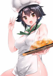 Rule 34 | 1girl, :d, amasora taichi, apron, black hair, braid, breasts, brown eyes, chef hat, food, girls und panzer, green neckwear, hat, highres, looking at viewer, medium breasts, naked apron, open mouth, pepperoni (girls und panzer), short hair, simple background, single braid, smile, solo, steam, white apron, white background, white hat