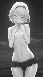 Rule 34 | 1girl, absurdres, breasts, embarrassed, exhibitionism, frills, hair ornament, hairclip, highres, monochrome, ocean, public indecency, ryuuou no oshigoto!, small breasts, solo, sora ginko, swimsuit, topless, vivid507