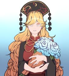 Rule 34 | alternate eye color, black dress, black hat, blonde hair, blue background, blue eyes, blue flower, blue rose, bouquet, chinese clothes, crescent, dress, flower, gradient background, hat, holding, holding bouquet, junko (touhou), long hair, mefomefo, multiple tails, orange hair, pom pom (clothes), red eyes, rose, simple background, solo, tabard, tail, touhou, two-tone iris, wavy hair, wide-eyed, wide sleeves