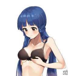 Rule 34 | 1girl, bare shoulders, black bra, blue hair, blush, bra, breasts, breasts apart, brown eyes, collarbone, dated, highres, idolmaster, idolmaster million live!, idolmaster million live! theater days, kitakami reika, long hair, low twintails, medium breasts, midriff, myeolchi, signature, simple background, solo, twintails, underwear, upper body, very long hair, white background