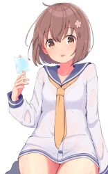 Rule 34 | 1girl, blue neckerchief, bra visible through clothes, brown eyes, brown hair, commentary request, dress, flower, food, hair flower, hair ornament, highres, kantai collection, looking at viewer, ludens (inonaka koubou), neckerchief, popsicle, sailor dress, short hair, simple background, solo, sweat, tongue, tongue out, white background, yellow neckerchief, yukikaze (kancolle)