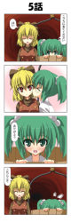 Rule 34 | &gt; &lt;, 2girls, 4koma, blonde hair, blush, bow, bucket, kissing cheek, comic, closed eyes, female focus, green eyes, green hair, hair bobbles, hair bow, hair ornament, highres, in bucket, in container, kiss, kisume, kurodani yamame, multiple girls, open mouth, ponytail, rappa (rappaya), red eyes, smile, touhou, translation request, twintails