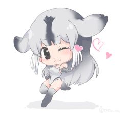 Rule 34 | 10s, 1girl, ;3, bearded seal (kemono friends), blush, brown eyes, chibi, eyelashes, from side, full body, gloves, gradient hair, grey gloves, grey hair, grey one-piece swimsuit, hand on own hip, heart, jpeg artifacts, kemono friends, leg up, looking at viewer, multicolored hair, one-piece swimsuit, one eye closed, open hand, outstretched hand, seal tail, shadow, sidelocks, simple background, solo, standing, standing on one leg, swimsuit, tail, tatsuno newo, thighhighs, white background, white hair