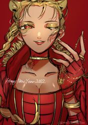 Rule 34 | 1girl, 2022, absurdres, animification, apex legends, blonde hair, braid, breasts, brown eyes, cleavage, collarbone, cropped jacket, dark-skinned female, dark skin, eyeshadow, fingerless gloves, glitter, gloves, gold choker, happy new year, highres, jacket, jewelry, lipstick, loba (apex legends), makeup, mali323, medium breasts, new year, one eye closed, parted lips, portrait, red background, red gloves, red jacket, red lips, red shirt, ring, shirt, solo, strapless, strapless shirt, twin braids, yellow eyeshadow