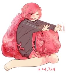 Rule 34 | 1girl, 2014, backpack, bag, barefoot, blush, dated, closed eyes, flesh, full body, guro, heart, jacket, mado (mukade tou), meat jersey girl, monster girl, open mouth, original, randoseru, red hair, short hair, simple background, smile, solo, track jacket, wavy mouth, white background