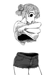 Rule 34 | 1girl, 4shi, :o, bags under eyes, breasts, clothes lift, commentary request, cowboy shot, dango-chan (4shi), denim, denim shorts, drooling, greyscale, hair bun, highres, hollow eyes, lifted by self, looking at viewer, looking down, medium breasts, monochrome, open mouth, original, shirt, shirt lift, short hair, short shorts, short sleeves, shorts, simple background, solo, t-shirt, undressing
