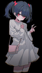 Rule 34 | 1girl, absurdres, bag, black background, black hair, blush, bow, closed mouth, cropped legs, dress, full burrrrrrst, hair bow, haru (unreal life), highres, long sleeves, looking at viewer, pink eyes, pink footwear, school uniform, simple background, smile, solo, twintails, twitter username, unreal life, v, white dress
