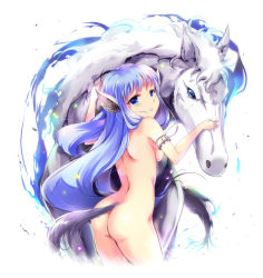 Rule 34 | 1girl, animal ears, armband, ass, back, blue eyes, blue hair, breasts, horse, horse ears, horse girl, horse tail, long hair, looking back, matching hair/eyes, medium breasts, nude, original, simple background, solo, sys.ao, tail, white background