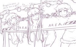 Rule 34 | 3girls, animal costume, annoyed, antlers, belt, bow, braid, broken antler, christmas ornaments, closed eyes, commentary, coronavirus pandemic, crying, earrings, english commentary, english text, hair between eyes, hair bow, hair ribbon, hater (hatater), himekaidou hatate, horns, jewelry, jitome, kirisame marisa, long hair, looking ahead, looking to the side, makeup, multiple girls, ornament, pillory, pointy ears, ranguage, reindeer antlers, reindeer costume, restrained, ribbon, runny makeup, short hair, single braid, smile, stationary restraints, tatara kogasa, torn clothes, touhou, twintails, unzipped
