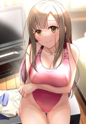 Rule 34 | 1girl, bare shoulders, blush, breast hold, breasts, brown eyes, brown hair, cleavage, collarbone, commentary request, competition swimsuit, controller, covered navel, highleg, highres, idolmaster, idolmaster cinderella girls, light, long hair, mizumoto yukari, mk (mod0), nipples, one-piece swimsuit, remote control, see-through, solo, swimsuit, television