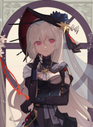Rule 34 | 1girl, absurdres, arknights, black collar, black dress, black gloves, black hat, chinese commentary, closed mouth, collar, commentary request, cube (cuberoot-of-e), dress, gloves, grey hair, hair between eyes, hand on own cheek, hand on own face, hand up, hat, hat ornament, head rest, highres, light smile, long hair, long sleeves, looking at viewer, pink eyes, solo, specter (arknights), specter the unchained (arknights), specter the unchained (born as one) (arknights), star (symbol), star hat ornament, upper body, veil, very long hair