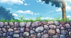 Rule 34 | aoha (twintail), blue sky, cloud, commentary request, day, grass, no humans, original, outdoors, scenery, sky, stone, tree