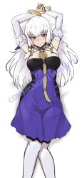 1girl arms_up bare_shoulders blush breasts choker commission detached_sleeves dress feet_out_of_frame fire_emblem fire_emblem:_three_houses halterneck highres juliet_sleeves long_hair long_sleeves looking_at_viewer lysithea_von_ordelia medium_breasts nintendo pantyhose puffy_sleeves purple_choker purple_dress purple_eyes smile solo very_long_hair vialnite white_hair white_pantyhose