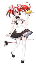 Rule 34 | 1girl, alternate costume, animal ears, artist name, bare shoulders, black hair, blue eyes, blush, bow, cheese, commentary, detached collar, english commentary, enmaided, food, full body, hakos baelz, highres, hololive, hololive english, keipup, looking at viewer, maid, mary janes, mouse ears, mouse girl, mouse tail, mr. squeaks (hakos baelz), multicolored hair, red hair, shoes, simple background, smile, solo, strapless, streaked hair, tail, tail bow, tail ornament, thighhighs, tray, twintails, twitter username, virtual youtuber, white hair, white thighhighs