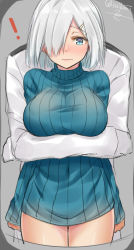 Rule 34 | !, 10s, 1girl, admiral (kancolle), alternate costume, blue eyes, blush, breasts, closed mouth, grey hair, hair ornament, hair over one eye, hairclip, hamakaze (kancolle), hug, hug from behind, isshiki (ffmania7), kantai collection, ribbed sweater, short hair, simple background, sketch, solo focus, sweater, turtleneck, twitter username, wavy mouth