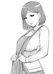 Rule 34 | 1girl, apron, breasts, greyscale, housewife, large breasts, lips, looking at viewer, mature female, monochrome, naughty face, raised eyebrows, ribbed sweater, shinken-zemi, short hair, smile, solo, sweater, turtleneck, ueyama michirou, zemi mama