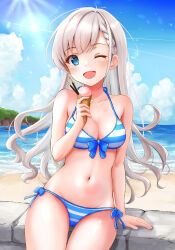 Rule 34 | 1girl, ;d, absurdres, arm support, asymmetrical bangs, beach, bikini, blue bikini, blush, braid, braided bangs, breasts, ca paria, cameltoe, cleavage, cleft of venus, collarbone, food, front-tie bikini top, front-tie top, grey hair, groin, highres, hisakawa hayate, holding, holding food, holding ice cream, ice cream, ice cream cone, idolmaster, idolmaster cinderella girls, long hair, looking at viewer, medium breasts, navel, one eye closed, open mouth, outdoors, side-tie bikini bottom, smile, solo, striped bikini, striped clothes, swimsuit, very long hair