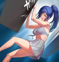 Rule 34 | 1girl, a1 (initial-g), blue hair, breasts, commentary, crop top, grey skirt, legs, long hair, looking at viewer, love live!, love live! sunshine!!, matsuura kanan, medium breasts, midriff, open mouth, pleated skirt, ponytail, purple eyes, skirt, solo, thighs
