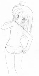 Rule 34 | 1girl, ass, from behind, greyscale, long hair, looking back, monochrome, no nose, original, panties, panties only, solo, sou ryuu, topless, traditional media, underwear, underwear only