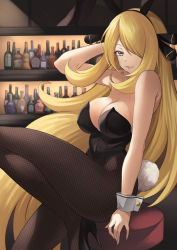 Rule 34 | 1girl, absurdres, alcohol, alternate costume, animal ears, arm behind head, bar (place), bar stool, bare shoulders, black footwear, black leotard, blonde hair, bottle, breasts, brown pantyhose, closed mouth, covered navel, creatures (company), cynthia (pokemon), fishnet pantyhose, fishnets, from side, game freak, grey eyes, hair ornament, hair over one eye, high heels, highres, knee up, large breasts, leotard, liquor, long hair, looking at viewer, mihiro (mitumitu3232ish), nintendo, pantyhose, playboy bunny, pokemon, pokemon dppt, rabbit ears, rabbit tail, shelf, sitting, solo, stool, tail, very long hair, wrist cuffs