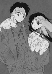 Rule 34 | 1boy, 1girl, cowboy shot, floating hair, greyscale, hands in pockets, jacket, looking at viewer, mana (ningyo series), monochrome, ningyo series, own hands together, roku (tsua-kihuyu), scarf, side-by-side, simple background, sketch, smile, sweater, wind, yuta (ningyo series)