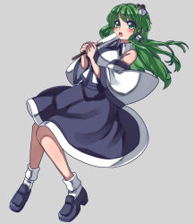 Rule 34 | 1girl, bare legs, bare shoulders, black footwear, blue skirt, blush, collared shirt, commentary request, detached sleeves, dress shirt, frog hair ornament, full body, gohei, green eyes, green hair, grey background, hair ornament, hair tubes, highres, kochiya sanae, long hair, looking at viewer, one-hour drawing challenge, open mouth, renshirenji, shiny skin, shirt, shoes, shoulder blush, skirt, sleeveless, sleeveless shirt, socks, solo, teeth, touhou, two-tone shirt, upper teeth only, white shirt, white socks