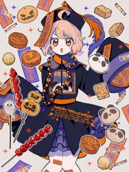 Rule 34 | 1girl, ahoge, bad id, bad twitter id, black dress, black hat, blonde hair, blush, candy, candy wrapper, dress, english text, feet out of frame, food, halloween, hands up, happy halloween, hat, highres, jack-o&#039;-lantern, jewelry, kisaragi yuu (fallen sky), looking at viewer, necklace, open mouth, orange eyes, original, outline, panda, qingdai guanmao, short hair, sleeves past fingers, sleeves past wrists, solo, tassel, white background, white outline, wide sleeves
