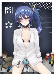 Rule 34 | 1girl, 20mm grenade, 20x30mm grenade, 20x30mm lv heab k167, 20x30mm lv p k168, absurdres, airburst round, ammunition, anti-materiel cartridge, bikini, black bikini, blue hair, blue shorts, breasts, can, cannon cartridge, character name, drink can, dummy round, explosive, fragmentation grenade, girls&#039; frontline, grenade, grenade cartridge, hair ornament, hairclip, high-explosive airburst round, high-explosive cartridge, highres, id card, jewelry, k11 (girls&#039; frontline), large-caliber cartridge, leather choker, long hair, long shirt, long sleeves, looking at viewer, magazine (weapon), medium breasts, military cartridge, name tag, open clothes, open fly, open shirt, parted lips, precision-guided munition, purple eyes, radiation symbol, saiun sigma, see-through, shells, shirt, short shorts, shorts, side ponytail, sidelocks, sitting, smart grenade, smile, soda can, solo, star (symbol), subsonic ammunition, swimsuit, thighs, white shirt