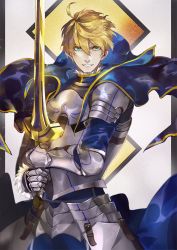 Rule 34 | 1boy, ahoge, armor, arthur pendragon (fate), blonde hair, excalibur (fate/prototype), fate/prototype, fate (series), green eyes, looking at viewer, male focus, pvc parfait, short hair, smile, solo, weapon
