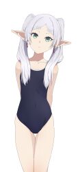 Rule 34 | 1girl, absurdres, alternate costume, arms behind back, blue one-piece swimsuit, breasts, camui1104, closed mouth, commentary, earrings, elf, frieren, green eyes, grey hair, highres, jewelry, long hair, looking at viewer, one-piece swimsuit, pointy ears, simple background, small breasts, solo, sousou no frieren, standing, swimsuit, twintails, white background
