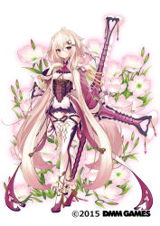 Rule 34 | 1girl, blush, copyright name, crescent, crescent hair ornament, dmm, eyes visible through hair, floral background, flower, flower knight girl, full body, hair between eyes, hair flower, hair ornament, hairclip, hand on own chest, highres, holding, holding weapon, long hair, long sleeves, looking at viewer, name connection, object namesake, oenothera (flower knight girl), official art, pink hair, purple eyes, solo, standing, striped, thighhighs, vertical stripes, very long hair, weapon, white background, yuui hutabakirage