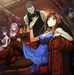 Rule 34 | 2boys, 3girls, ;), alcohol, animal ears, aozaki aoko, bare shoulders, between breasts, black skin, blue eyes, bracelet, breasts, bridal gauntlets, brown hair, butler, champagne, choker, cleavage, colored skin, company connection, couch, dress, drink, fate/stay night, fate/zero, fate (series), glass, gown, hair intakes, hassan of the cursed arm (fate), hat, highres, jewelry, large breasts, mahou tsukai no yoru, mask, matou sakura, matou zouken, medusa (fate), medusa (rider) (fate), mini hat, multiple boys, multiple girls, non-web source, one eye closed, pantyhose, purple eyes, purple hair, rabbit ears, reclining, red upholstery, smile, square pupils, task owner, time paradox, type-moon, wink