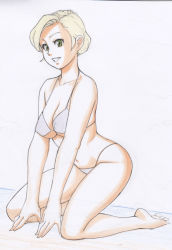 Rule 34 | 1girl, bare shoulders, barefoot, bikini, blonde hair, breasts squeezed together, breasts, cleavage, collarbone, commentary request, covered erect nipples, feet, green eyes, kneeling, large breasts, looking at viewer, navel, nemui333, original, short hair, simple background, solo, string bikini, swimsuit, thighs, toes, traditional media, underboob, v arms, white background, white bikini
