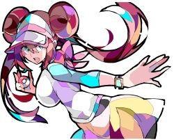 Rule 34 | 1girl, black pantyhose, blue eyes, bow, breasts, brown hair, creatures (company), double bun, doughnut hair bun, enpe, game freak, hair between eyes, hair bun, hat, highres, holding, holding poke ball, large breasts, looking at viewer, multicolored hair, nintendo, open mouth, pantyhose, pink bow, poke ball, poke ball (basic), pokemon, pokemon bw2, poketch, raglan sleeves, rosa (pokemon), simple background, skirt, solo, twintails, two-tone hair, visor cap, watch, white background, wristwatch