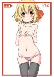 Rule 34 | 1girl, absurdres, blush, border, embarrassed, female focus, highres, navel, panties, recording, red border, rumia, scarlet mirin, sketch, solo, tears, thighhighs, topless, touhou, underwear, wavy mouth, white background