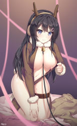 Rule 34 | 1girl, antlers, artist name, bare legs, bare pectorals, bed, bell, between breasts, black hair, blue eyes, blush, boots, breasts, brown jacket, clothes pull, collar, commentary request, deer tail, fur-trimmed collar, fur-trimmed sleeves, fur trim, hair ornament, hand on own knee, highres, horns, jacket, jacket pull, kneeling, large breasts, leash, long hair, long sleeves, navel, neck bell, neps-l, nipples, object insertion, on bed, pectorals, reindeer antlers, sakurajima mai, seishun buta yarou, shirt, solo, tail, unworn shirt, v-shaped eyebrows, viewer holding leash