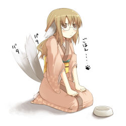 Rule 34 | 1girl, angry, animal ears, blush, bowl, brown eyes, brown hair, clothes grab, dog ears, feeding bowl, glasses, japanese clothes, jirou (chekoro), kimono, kneeling, original, paw pose, paw print, pet bowl, seiza, simple background, sitting, solo, tail, tail wagging, tears, translated