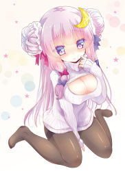 Rule 34 | 1girl, 515m, black pantyhose, blush, breasts, cleavage, cleavage cutout, clothing cutout, crescent, double bun, hair bun, hat, large breasts, long hair, meme attire, open-chest sweater, pantyhose, patchouli knowledge, purple eyes, purple hair, ribbed sweater, sitting, solo, sweater, touhou, turtleneck, very long hair, wariza