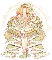 Rule 34 | artist name, blonde hair, blush, blush stickers, bow, braid, cape, chibi, closed mouth, commentary, crescent, crescent print, crescent tattoo, dress, english commentary, eyelashes, flower, forehead tattoo, frilled dress, frilled sleeves, frilled wrist cuffs, frills, gradient hair, green bow, green dress, green eyes, green hair, green wrist cuffs, hair bow, hair flower, hair ornament, highres, holding, holding sword, holding weapon, knight, layered dress, littlebluemuffin, long hair, looking at viewer, moon, multicolored clothes, multicolored dress, multicolored hair, multiple hair bows, orange bow, orange cape, original, painttool sai (medium), parted bangs, petals, photoshop (medium), short dress, short sleeves, smile, sparkle, star (symbol), star print, striped, striped bow, sword, thighhighs, transparent background, twin braids, waist bow, watermark, weapon, white bow, white dress, white flower, white hair, white thighhighs, wrist cuffs, yellow bow, yellow dress, zodiac